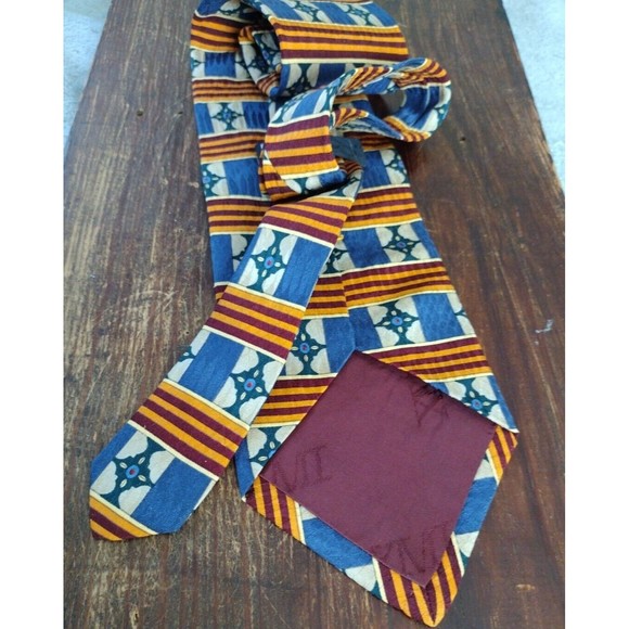 100% Silk Necktie Made USA Blue Cream Orange Red Geometric Stripe XMI Me… - Picture 2 of 11